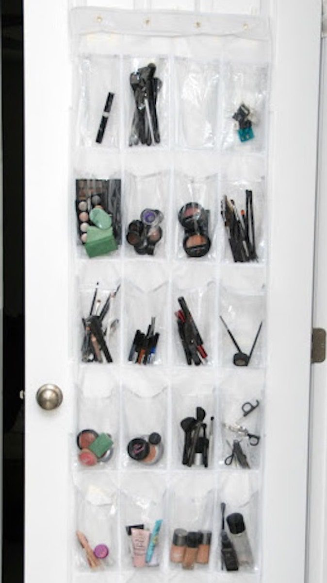 Keep your makeup secure with the help of a hanging shoe organizer. It has the perfect amount of compartments.