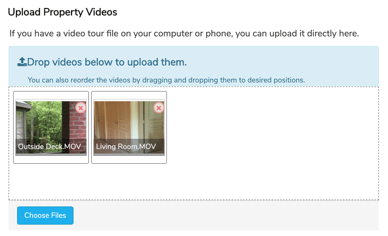 Multiple property videos thumbnails uploaded to a listing.