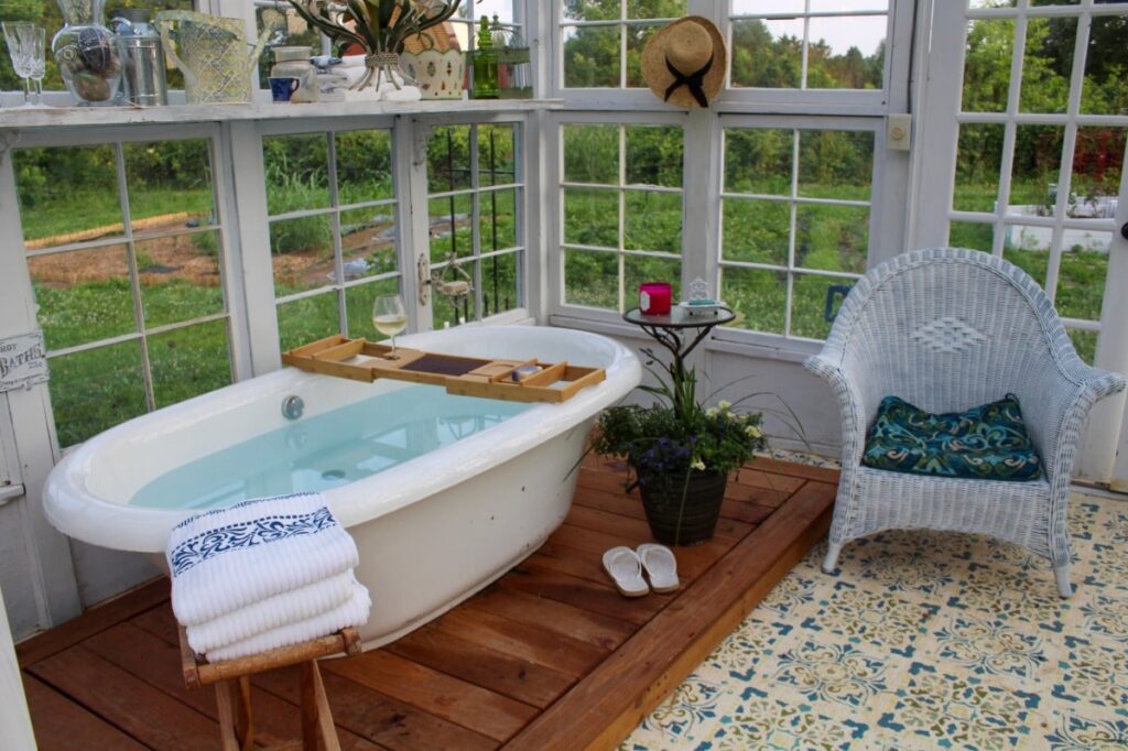 Interior view of soaking tub in greenhouse