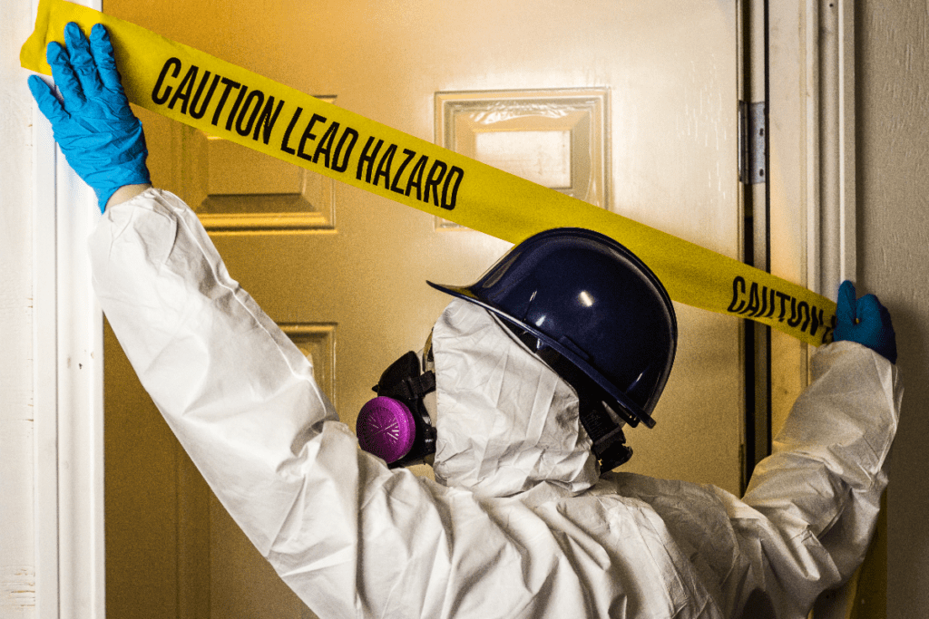 Environmental abatement worker in hazmat suit hangs lead hazard caution sign